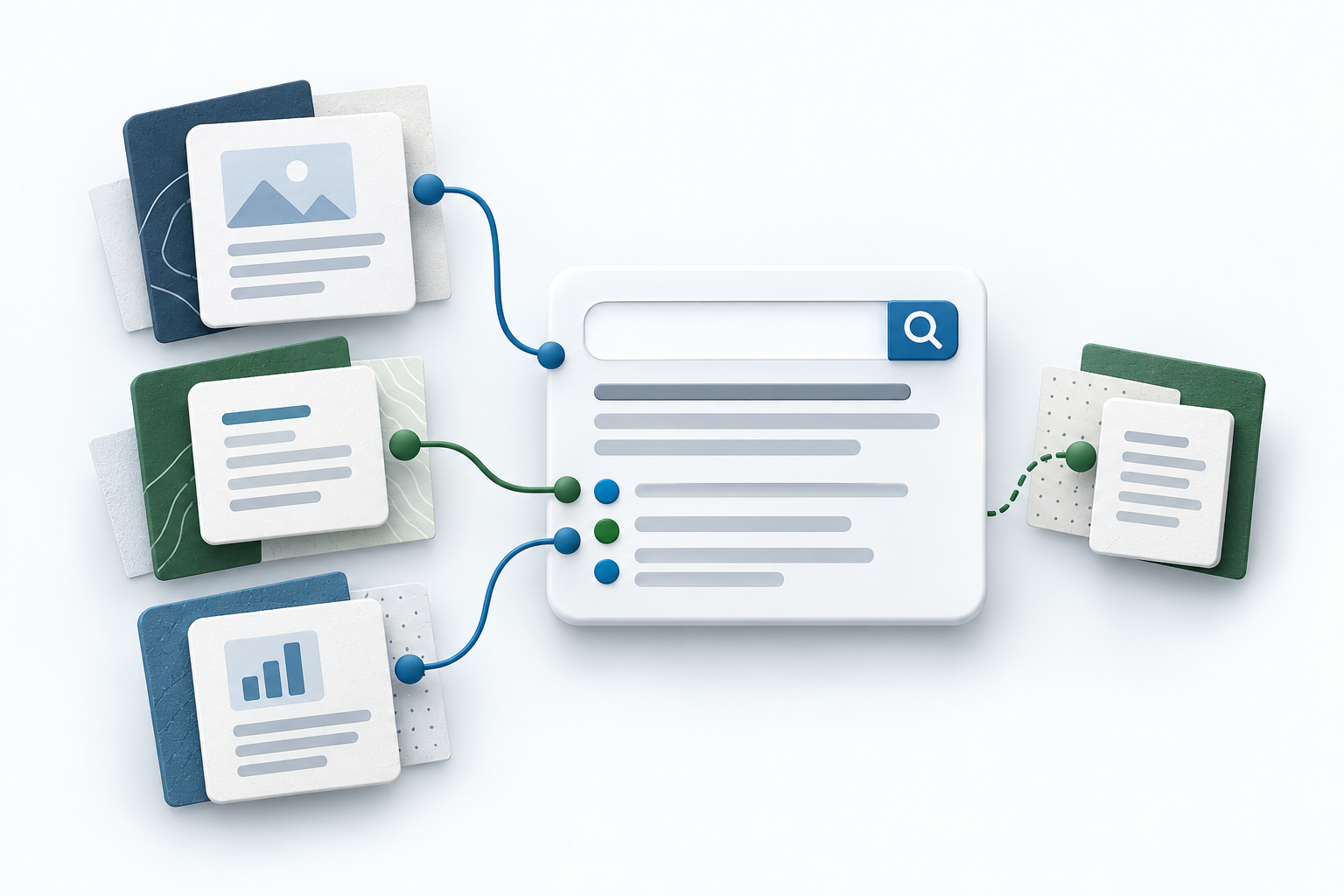 Illustration of source documents connected to an AI search answer and its citations.