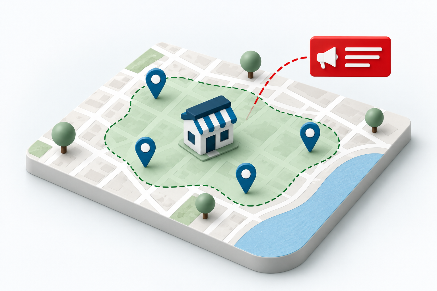 Illustrative map showing a local shop, a shaded service area, location pins and an advertising message.